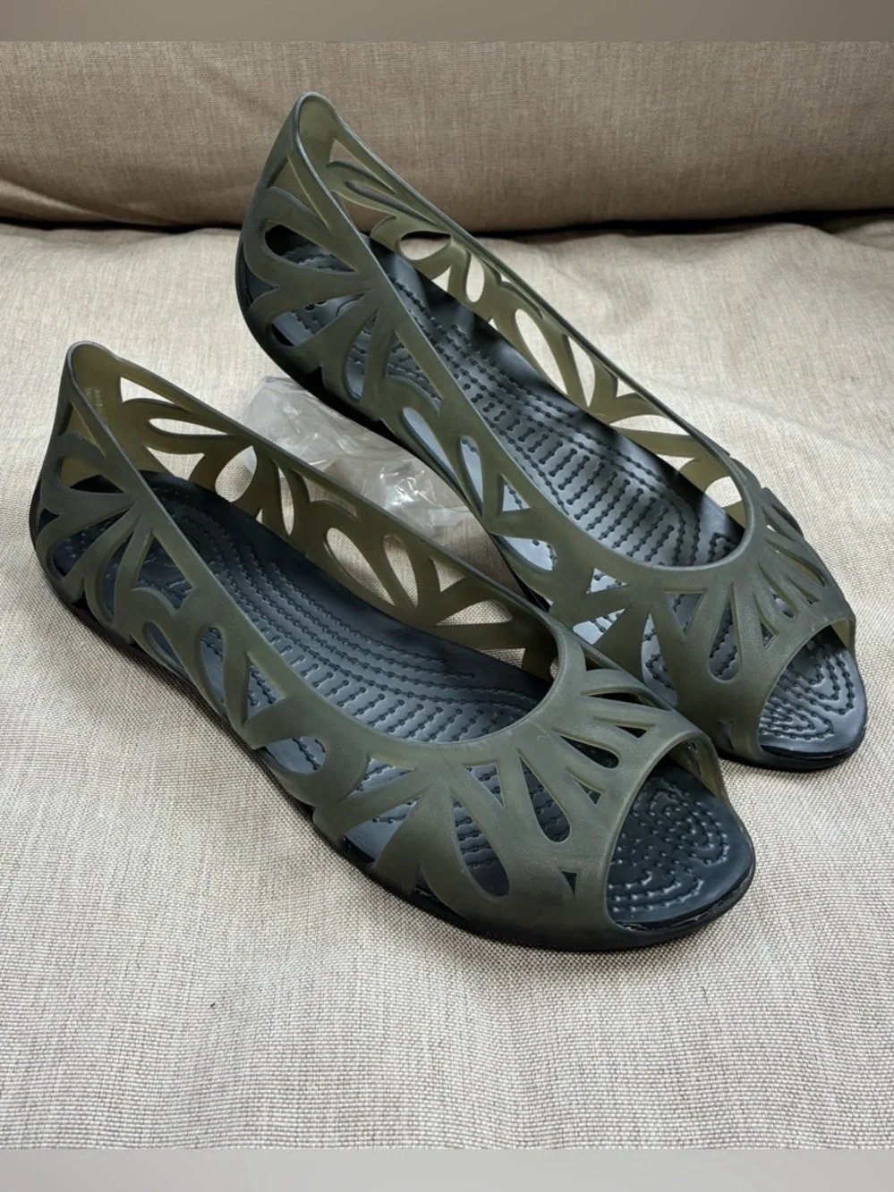 CROCS Adrina III Translucent Cutout Peep-Toe Jelly Flats - Picture 1 of 5